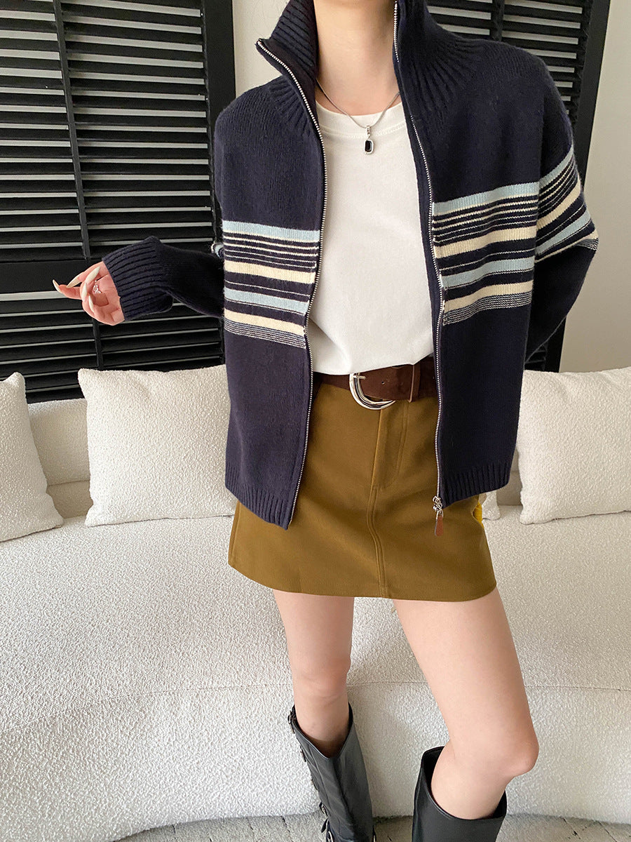 Fashionable Casual Stripe Color-block Knit Cardigan Sweater with Double Zipper Design