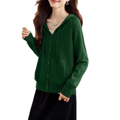 Casual Loose Hooded Knit Cardigan Women's Wear with Pockets Layering Sweater Outerwear