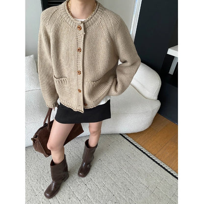 Laid-back Style DesignRaglan Sleeve Vintage Rolled Edge Chunky Knit Cardigan Sweater Coat