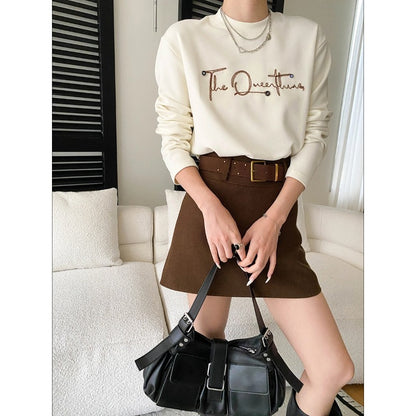 Design Button Letter Embroidery Round Neck Loose Thermal Fleece Thick Long Sleeve Base Layer Shirt