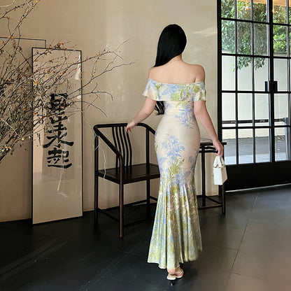One shoulder lotus leaf edge fish tail long skirt