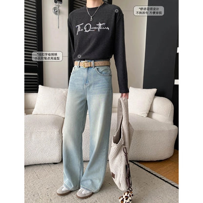 Design Button Letter Embroidery Round Neck Loose Thermal Fleece Thick Long Sleeve Base Layer Shirt