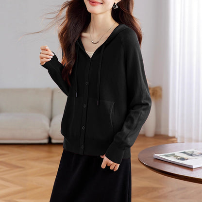 Casual Loose Hooded Knit Cardigan Women's Wear with Pockets Layering Sweater Outerwear