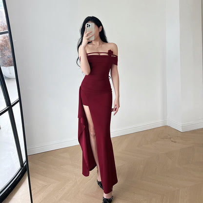 One shoulder sexy strapless long dress with height trimming and slit dress