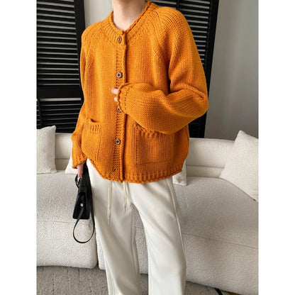 Laid-back Style DesignRaglan Sleeve Vintage Rolled Edge Chunky Knit Cardigan Sweater Coat