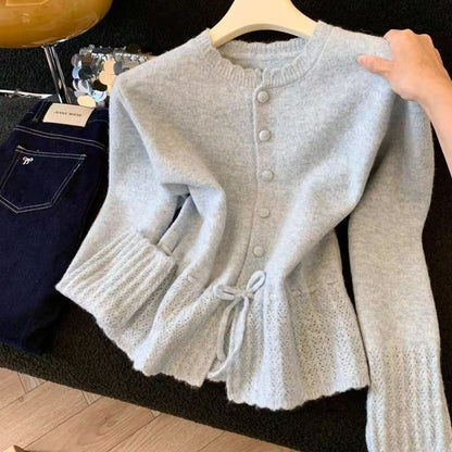 Chic Knit Top with Ruffled Hem and Drawstring Waist, Long Sleeve Soft Sweater for Women