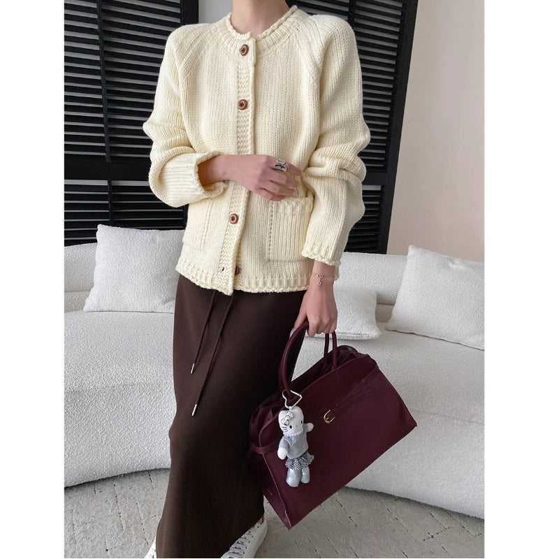 Laid-back Style DesignRaglan Sleeve Vintage Rolled Edge Chunky Knit Cardigan Sweater Coat