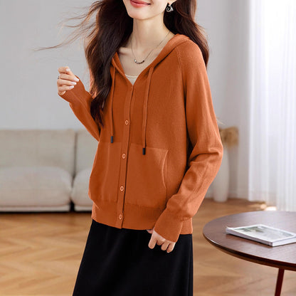Casual Loose Hooded Knit Cardigan Women's Wear with Pockets Layering Sweater Outerwear