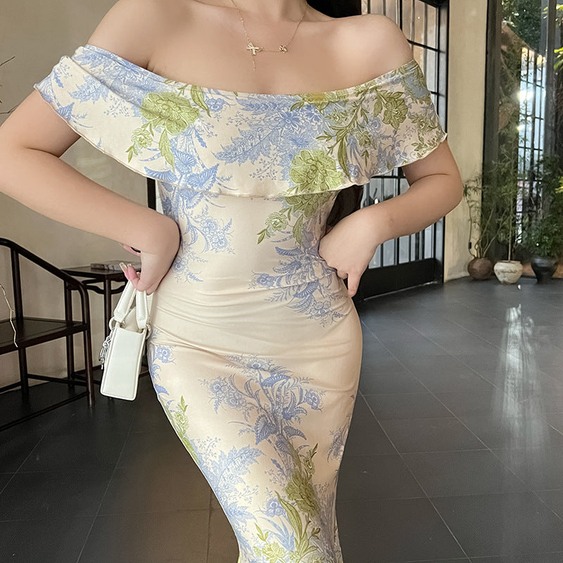 One shoulder lotus leaf edge fish tail long skirt