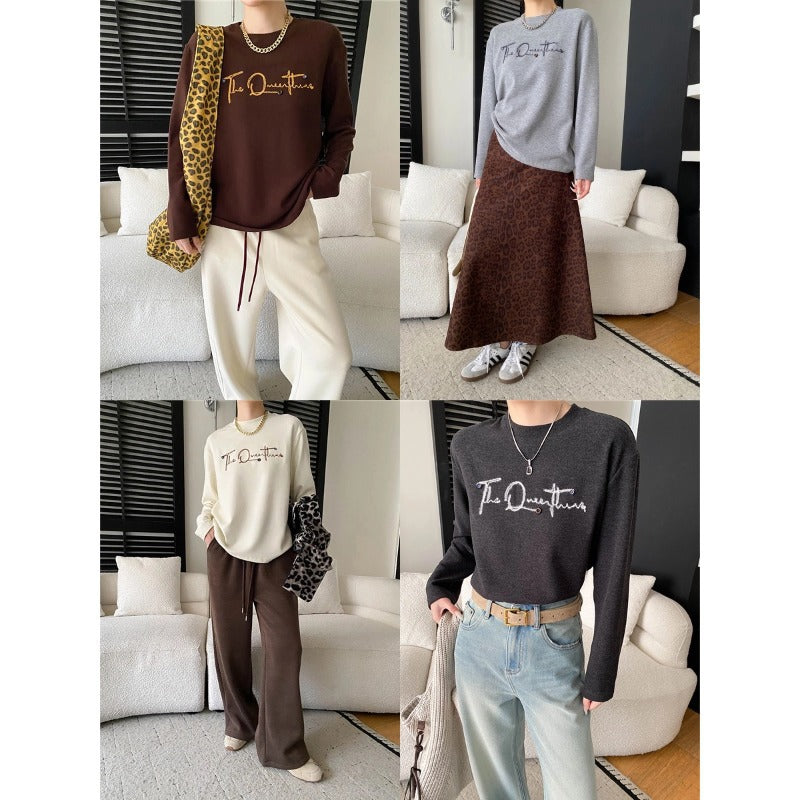 Design Button Letter Embroidery Round Neck Loose Thermal Fleece Thick Long Sleeve Base Layer Shirt