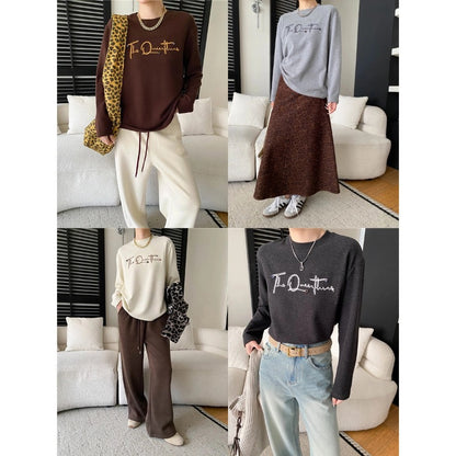Design Button Letter Embroidery Round Neck Loose Thermal Fleece Thick Long Sleeve Base Layer Shirt