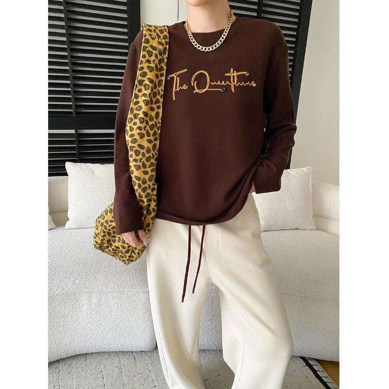 Design Button Letter Embroidery Round Neck Loose Thermal Fleece Thick Long Sleeve Base Layer Shirt