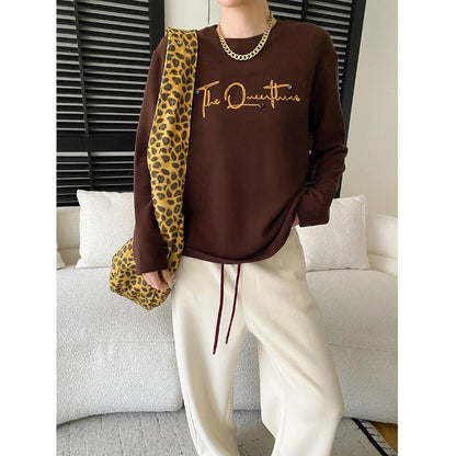 Design Button Letter Embroidery Round Neck Loose Thermal Fleece Thick Long Sleeve Base Layer Shirt