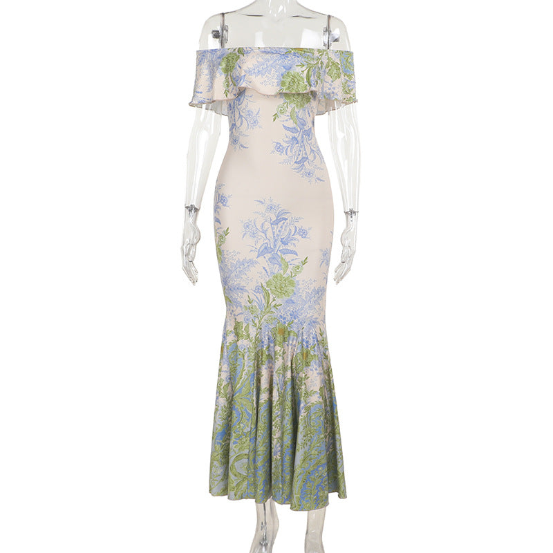 One shoulder lotus leaf edge fish tail long skirt