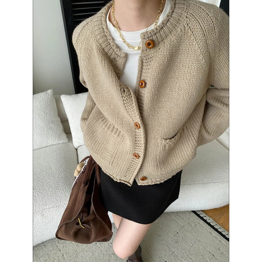 Laid-back Style DesignRaglan Sleeve Vintage Rolled Edge Chunky Knit Cardigan Sweater Coat
