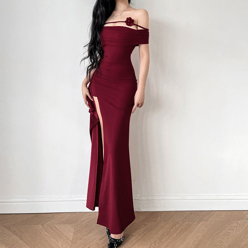 One shoulder sexy strapless long dress with height trimming and slit dress