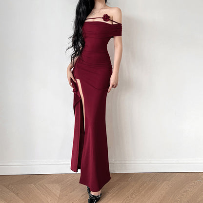 One shoulder sexy strapless long dress with height trimming and slit dress