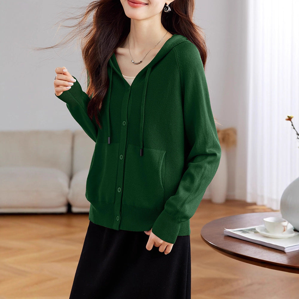 Casual Loose Hooded Knit Cardigan Women's Wear with Pockets Layering Sweater Outerwear