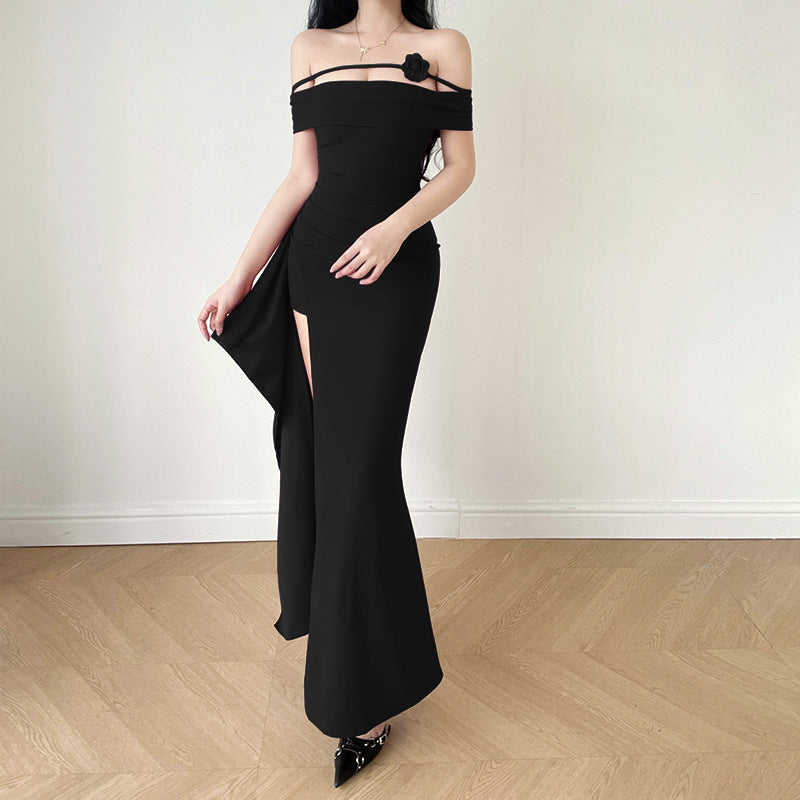 One shoulder sexy strapless long dress with height trimming and slit dress