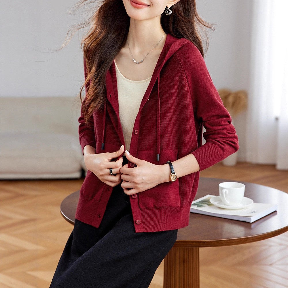 Casual Loose Hooded Knit Cardigan Women's Wear with Pockets Layering Sweater Outerwear