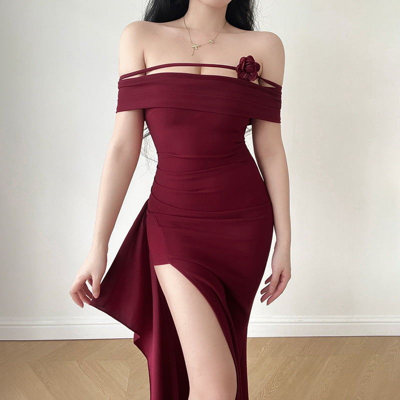 One shoulder sexy strapless long dress with height trimming and slit dress