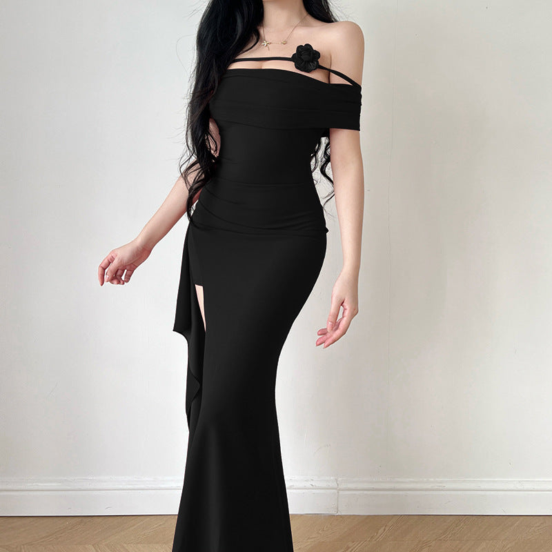 One shoulder sexy strapless long dress with height trimming and slit dress