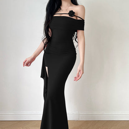 One shoulder sexy strapless long dress with height trimming and slit dress