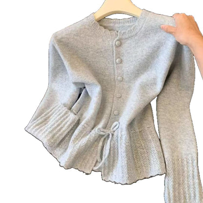 Chic Knit Top with Ruffled Hem and Drawstring Waist, Long Sleeve Soft Sweater for Women