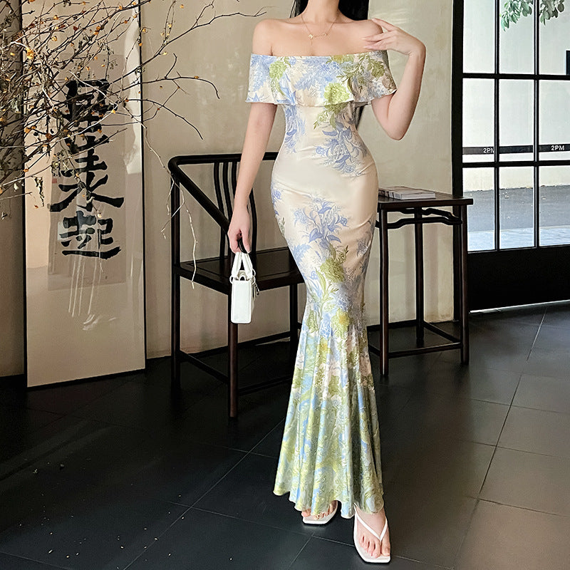 One shoulder lotus leaf edge fish tail long skirt