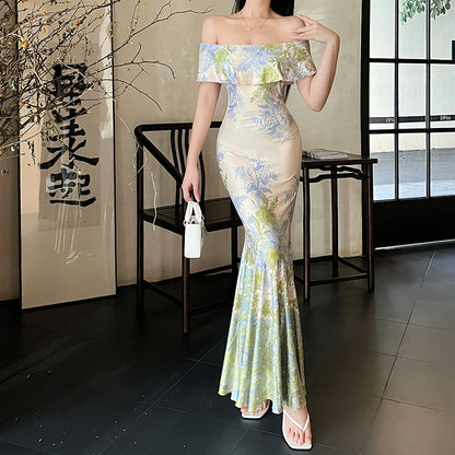 One shoulder lotus leaf edge fish tail long skirt