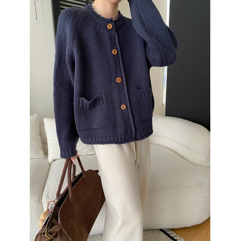 Laid-back Style DesignRaglan Sleeve Vintage Rolled Edge Chunky Knit Cardigan Sweater Coat