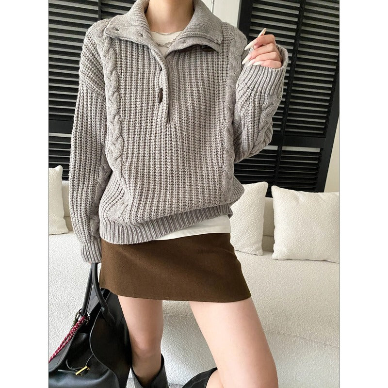 Laziness Atmosphere Retro Horn Button High Neck Oversized Cable Knit Sweater Pullover