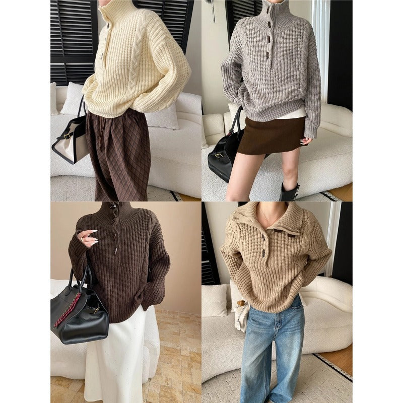 Laziness Atmosphere Retro Horn Button High Neck Oversized Cable Knit Sweater Pullover