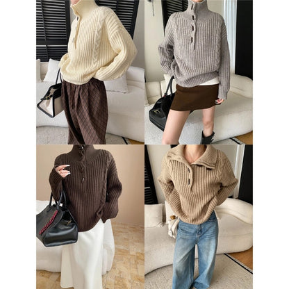 Laziness Atmosphere Retro Horn Button High Neck Oversized Cable Knit Sweater Pullover