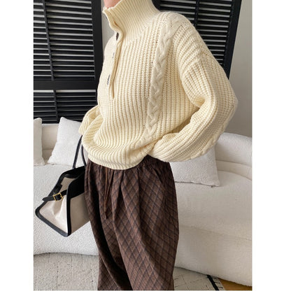 Laziness Atmosphere Retro Horn Button High Neck Oversized Cable Knit Sweater Pullover