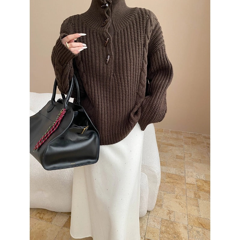 Laziness Atmosphere Retro Horn Button High Neck Oversized Cable Knit Sweater Pullover