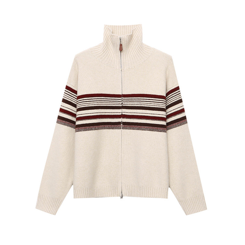 Fashionable Casual Stripe Color-block Knit Cardigan Sweater with Double Zipper Design