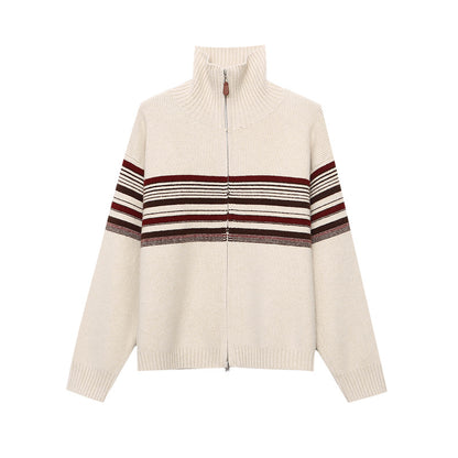 Fashionable Casual Stripe Color-block Knit Cardigan Sweater with Double Zipper Design