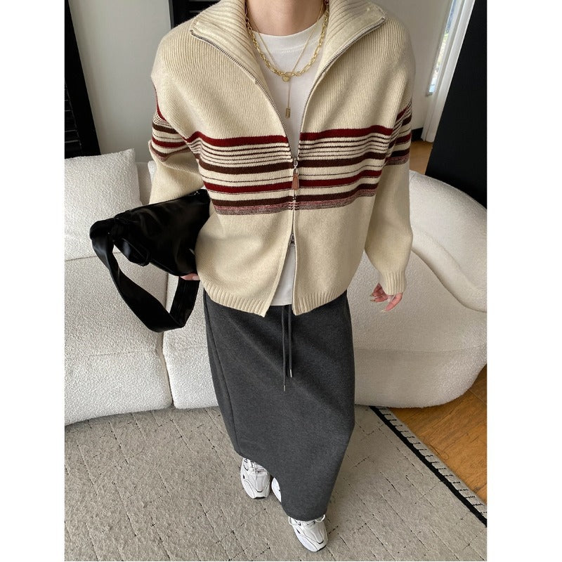 Fashionable Casual Stripe Color-block Knit Cardigan Sweater with Double Zipper Design