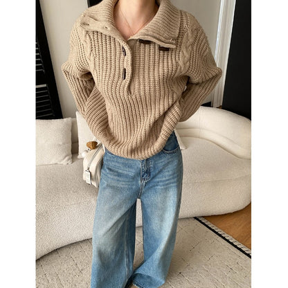 Laziness Atmosphere Retro Horn Button High Neck Oversized Cable Knit Sweater Pullover